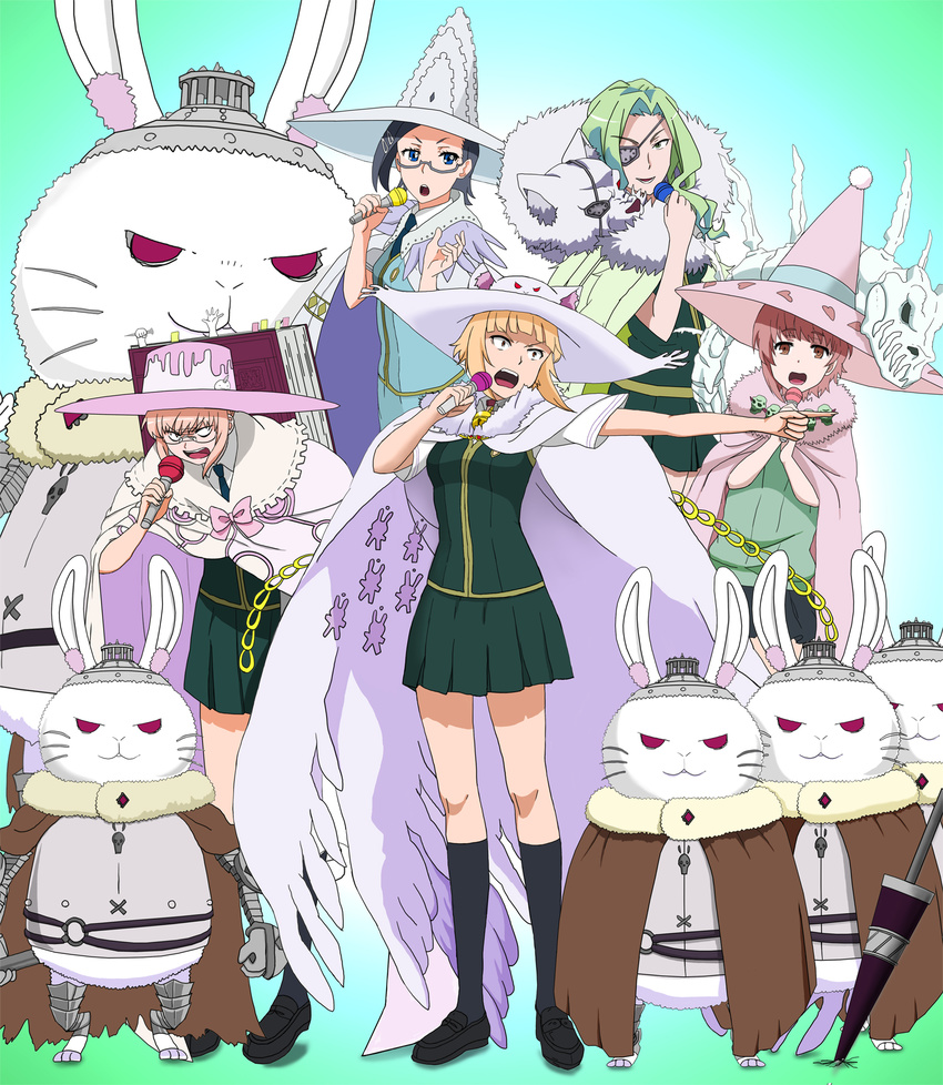 5girls animal_ears animal_hat armor bell black_hair black_legwear blonde_hair blue_eyes book bow brown_eyes cape cat_ears cat_hat chains collar commentary_request empty_eyes eyepatch glasses green_eyes green_hair grimoire hair_ornament hat heart highres katsura_kotetsu kazari_rin kneehighs kuraishi_tanpopo long_hair long_legs looking_at_viewer menowa_mei metal_s microphone multiple_girls music neck_bell necktie open_mouth photoshop_(medium) pink_hair pleated_skirt rabbit red_eyes school_uniform semi-rimless_eyewear shirt shoes short_hair short_sleeves singing skeleton skirt skull socks standing utsugi_kanna white_shirt witch witch_craft_works witch_hat wolf yellow_eyes