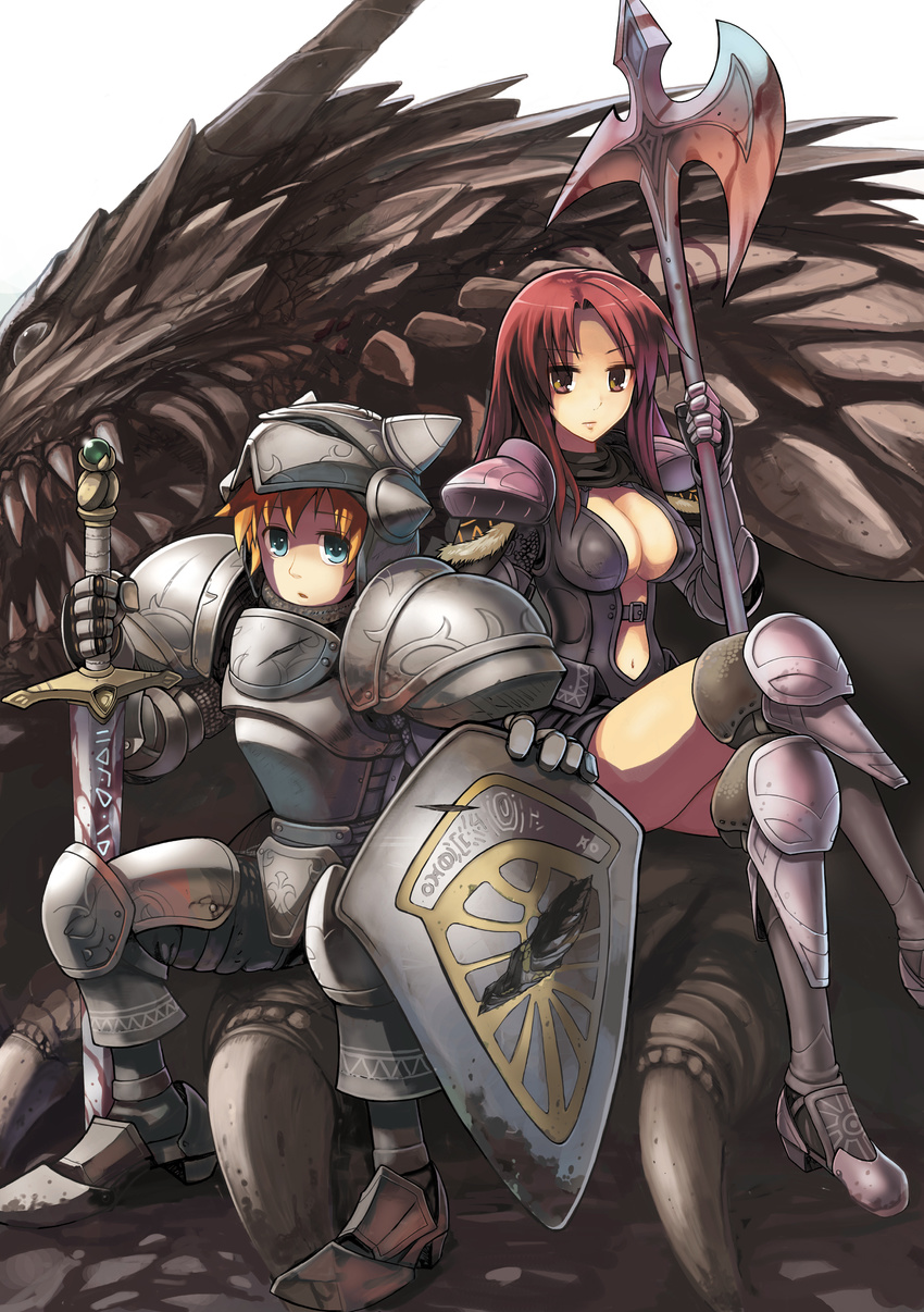 1boy absurdres armor blonde_hair blood blue_eyes breasts brown_eyes cleavage commentary_request corpse dragon fantasy female full_armor halberd highres knight large_breasts long_hair original pauldrons planted planted_sword polearm red_hair shield short_hair shoulder_armor sitting sword weapon yuugiri_(u-slash)