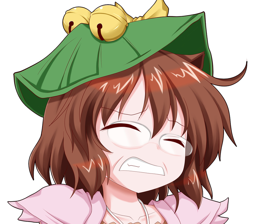 animal_ears bedman bell brown_hair closed_eyes collarbone commentary_request female futatsuiwa_mamizou glasses guilty_gear guilty_gear_xrd hat leaf oden_(th-inaba) open_mouth parody pince-nez raccoon_ears simple_background solo style_parody touhou upper_body white_background