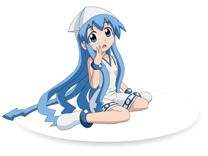 blue_eyes blue_hair commentary_request dress female hat ikamusume imaichi_moenai_ko knives_(knives777) kobe_shinbun long_hair parody shinryaku!_ikamusume solo tentacle_hair