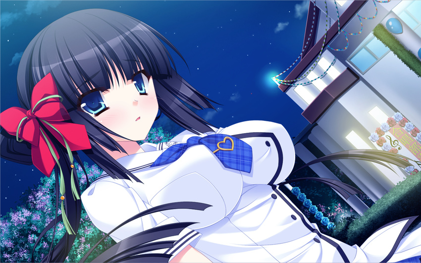 black_hair blue_eyes blush bow flowers game_cg hasegawa_yukino himekami_akane koi_x_koi_=_infinity long_hair night peassoft seifuku stars tie