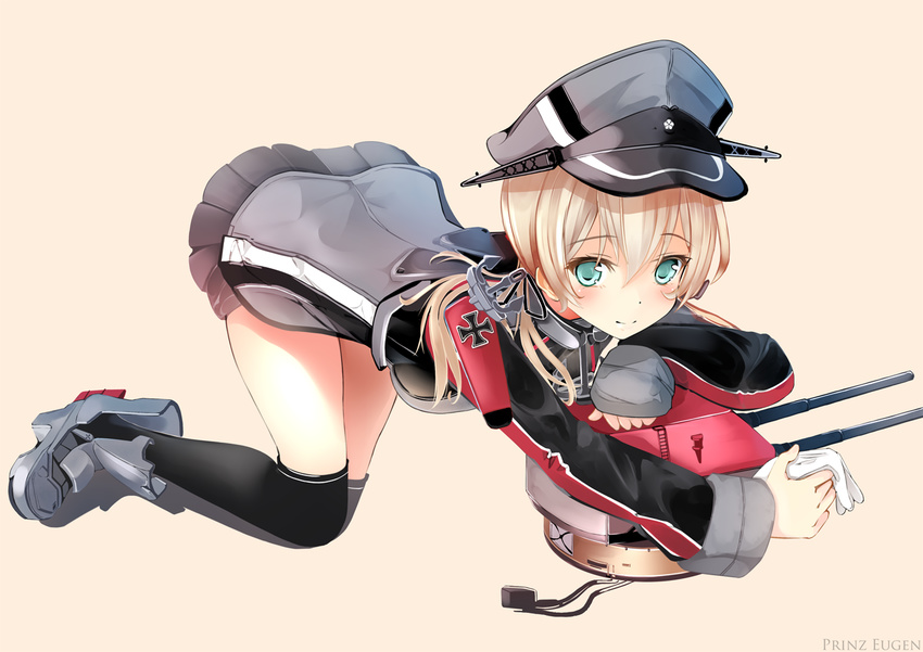 all_fours anchor_hair_ornament aqua_eyes black_ribbon black_skirt black_thighhighs blonde_hair blush character_name commentary_request cross female gloves hair_ornament hair_ribbon hat holding iron_cross kantai_collection long_hair long_sleeves md5_mismatch microskirt military military_uniform miyabi_(miyabi) over-kneehighs peaked_cap pleated_skirt prinz_eugen_(kancolle) ribbon simple_background skirt smile solo thighhighs turret uniform unworn_gloves white_gloves