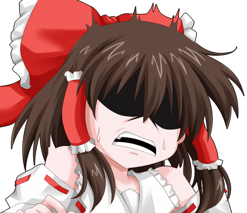 bare_shoulders bow brown_hair collarbone commentary_request detached_sleeves female guilty_gear guilty_gear_xrd hair_ornament hair_tubes hairbow hakurei_reimu oden_(th-inaba) parody red_bow short_hair simple_background sol_badguy solo style_parody sweatdrop touhou upper_body white_background