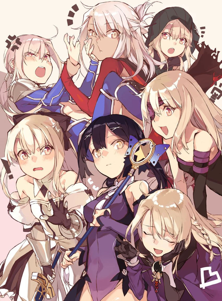 ! 6+girls :d ^^^ absurdres anger_vein armor artoria_pendragon_(fate) bare_shoulders black_gloves black_hair blush braid breasts cheek_squash chloe_von_einzbern cloak closed_eyes commentary_request cosplay cu_chulainn_(fate) cu_chulainn_(fate/stay_night) cu_chulainn_(fate/stay_night)_(cosplay) dark-skinned_female dark_skin detached_collar detached_sleeves duoyuanjun excalibur_(fate/stay_night) eyepatch fate/kaleid_liner_prisma_illya fate/stay_night fate/unlimited_codes fate_(series) flat_chest gauntlets gloves hair_ornament hair_stick half_updo hand_on_own_cheek hand_on_own_face hassan_of_the_cursed_arm_(fate) hassan_of_the_cursed_arm_(fate)_(cosplay) heart highres holding_another's_wrist hood hoodie illyasviel_von_einzbern leaning_forward leotard magical_girl magical_sapphire medea_(fate) medea_(fate)_(cosplay) medusa_(fate) medusa_(rider)_(fate) medusa_(rider)_(fate)_(cosplay) miyu_edelfelt multiple_girls multiple_persona open_mouth ponytail purple_leotard saber_lily saber_lily_(cosplay) side_braid single_sleeve small_breasts smile sword wand weapon white_hair yellow_eyes