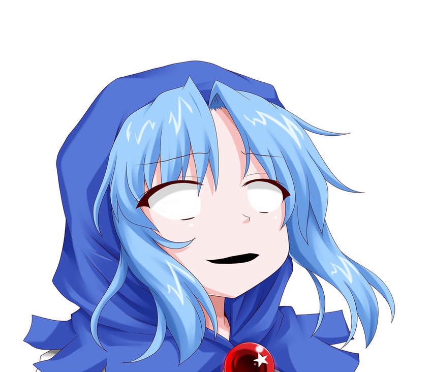 axl_low blank_eyes blue_hair capelet commentary_request female guilty_gear guilty_gear_xrd hood jewelry kanchou kumoi_ichirin oden_(th-inaba) open_mouth parody pendant simple_background solo style_parody touhou upper_body white_background wide-eyed