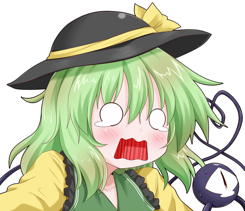 black_hat blush commentary_request embarrassed eyeball female green_hair guilty_gear guilty_gear_xrd hat hat_ribbon komeiji_koishi may_(guilty_gear) oden_(th-inaba) open_mouth parody portrait ribbon shirt simple_background solo string style_parody sweatdrop third_eye touhou white_background