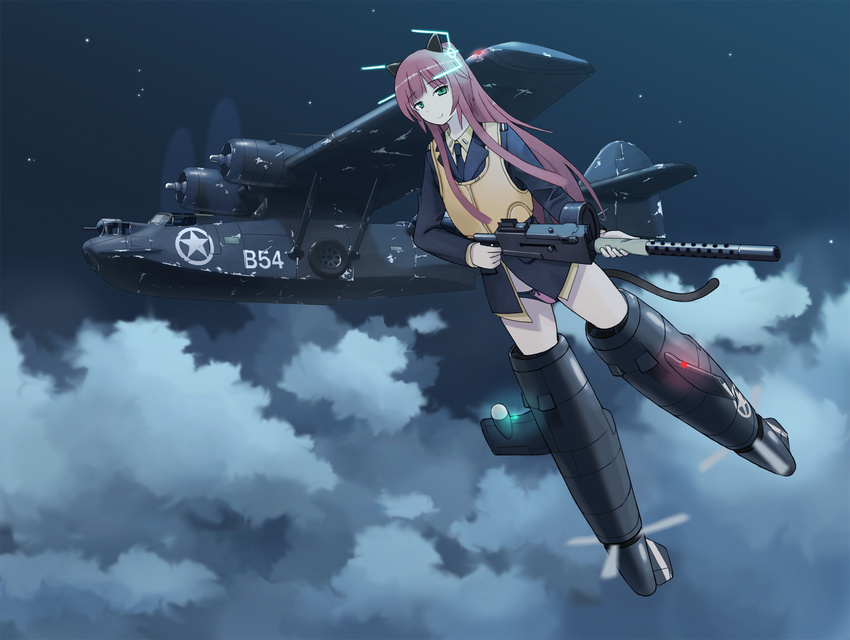 aircraft airplane animal_ears bad_id bad_pixiv_id browning_m1919 call_of_duty call_of_duty:_world_at_war cloud f6f_hellcat female flying flying_boat gun highres hirschgeweih_antennas mikado_(winters) military military_uniform necktie night night_sky original panties pby_catalina propeller roundel sky smile solo striker_unit tail underwear uniform vehicle_and_personification vehicle_focus weapon world_war_ii world_witches_series