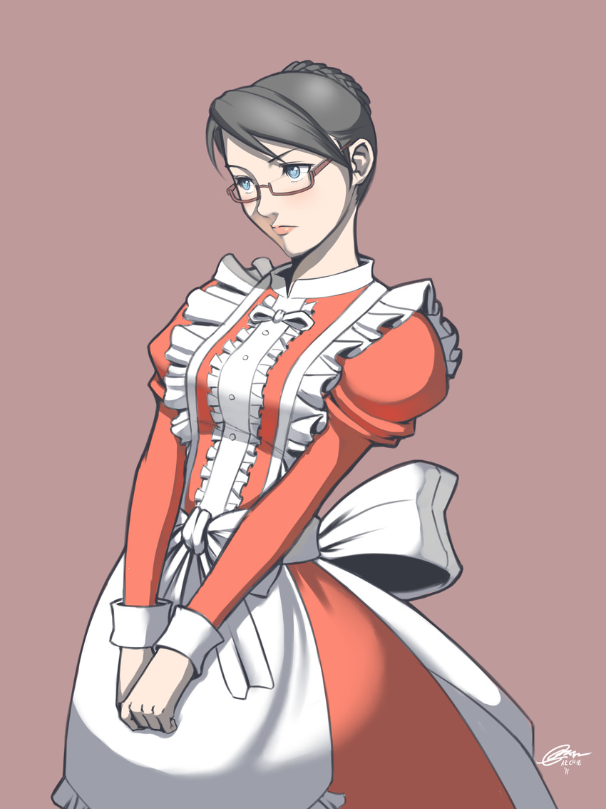 absurdres alternate_costume apron arcbuncle bad_id bad_pixiv_id black_hair blue_eyes blush braid eleanor_varrot enmaided female french_braid frills glasses hair_bun highres maid maid_apron red-framed_eyewear semi-rimless_eyewear senjou_no_valkyria_(series) senjou_no_valkyria_1 simple_background single_hair_bun solo under-rim_eyewear v_arms wrist_cuffs