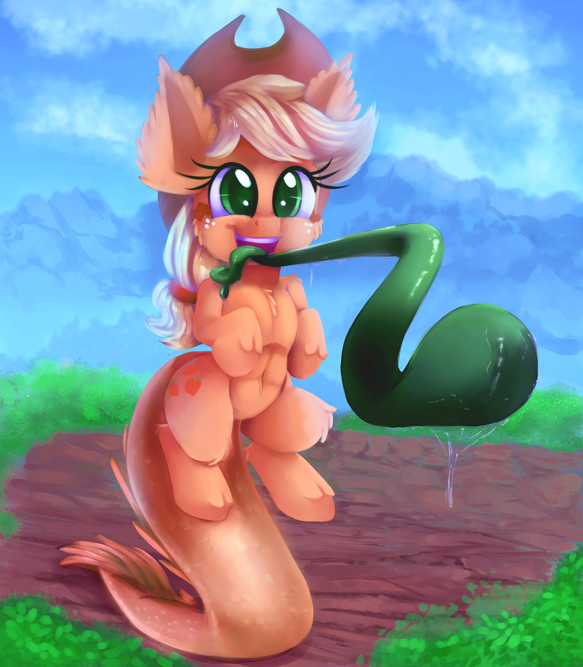 applejack_(mlp) bodily_fluids equid equine female friendship_is_magic hasbro hi_res horse mammal my_little_pony pony saliva solo tatzlpony tatzlwurm tentacle thediscorded