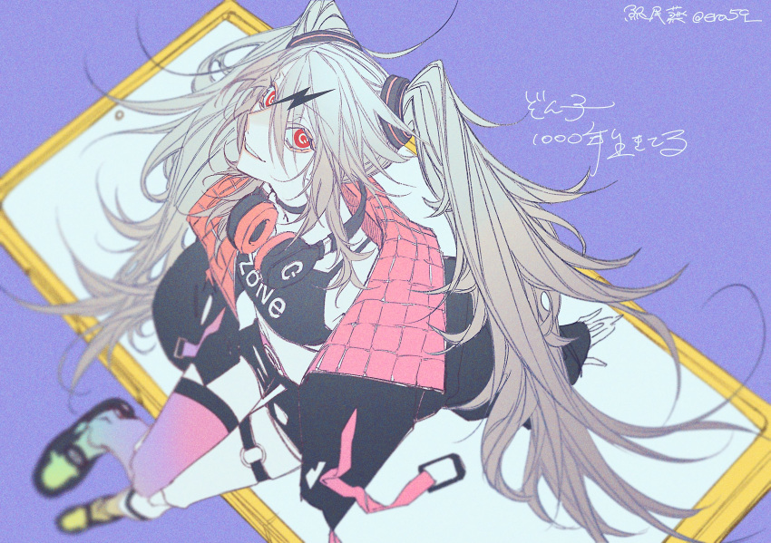 1000-nen_ikiteru_(vocaloid) arm_support black_choker black_jacket black_tank_top blurry bright_pupils character_name choker commentary_request crop_top depth_of_field dive_to_zone english_commentary female film_grain foreshortening from_above full_body gradient_legwear grey_hair grin haikokyuu hair_between_eyes hair_ornament headphones headphones_around_neck highres jacket jacket_partially_removed knee_up lightning_bolt_hair_ornament lightning_bolt_symbol long_hair looking_at_viewer looking_up messy_hair mixed-language_commentary multicolored_clothes multicolored_jacket no_eyepatch o-ring o-ring_thigh_strap picture_frame pink_jacket power_symbol product_girl purple_background quilted_jacket red_eyes shoes short_shorts shorts signature single_thighhigh sitting smile sneakers solo song_name symbol-shaped_pupils tank_top thigh_strap thighhighs translation_request twintails twitter_username two-tone_jacket very_long_hair virtual_youtuber white_pupils zonko