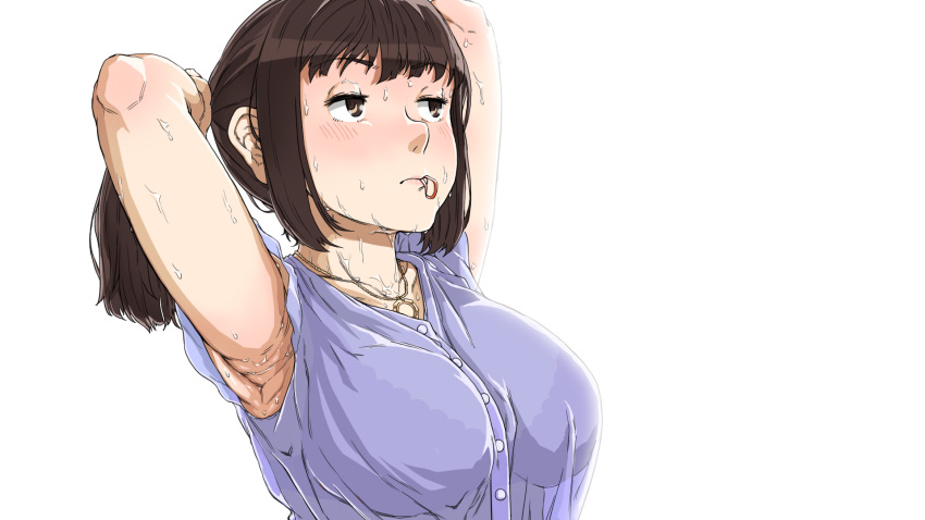 armpits arms_behind_back arms_up blush bra breasts brown_eyes brown_hair buttons collarbone eyelashes female hair_tie hairband highres hot in_mouth jewelry looking_away medium_breasts necklace original ponytail purple_shirt see-through shirt sidelocks simple_background sleeveless solo sweat tying_hair underwear upper_body ushio_(tanatana) white_background