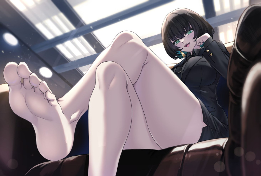 allmind_(armored_core_6) aqua_hair armored_core armored_core_6 bare_legs barefoot black_hair black_suit blush breasts business_suit colored_inner_hair couch crossed_legs earrings feet female foot_focus jewelry large_breasts legs multicolored_hair office_lady open_mouth pencil_skirt personification shirokuma_a sitting skirt smile soles suit toes triangle_earrings uniform