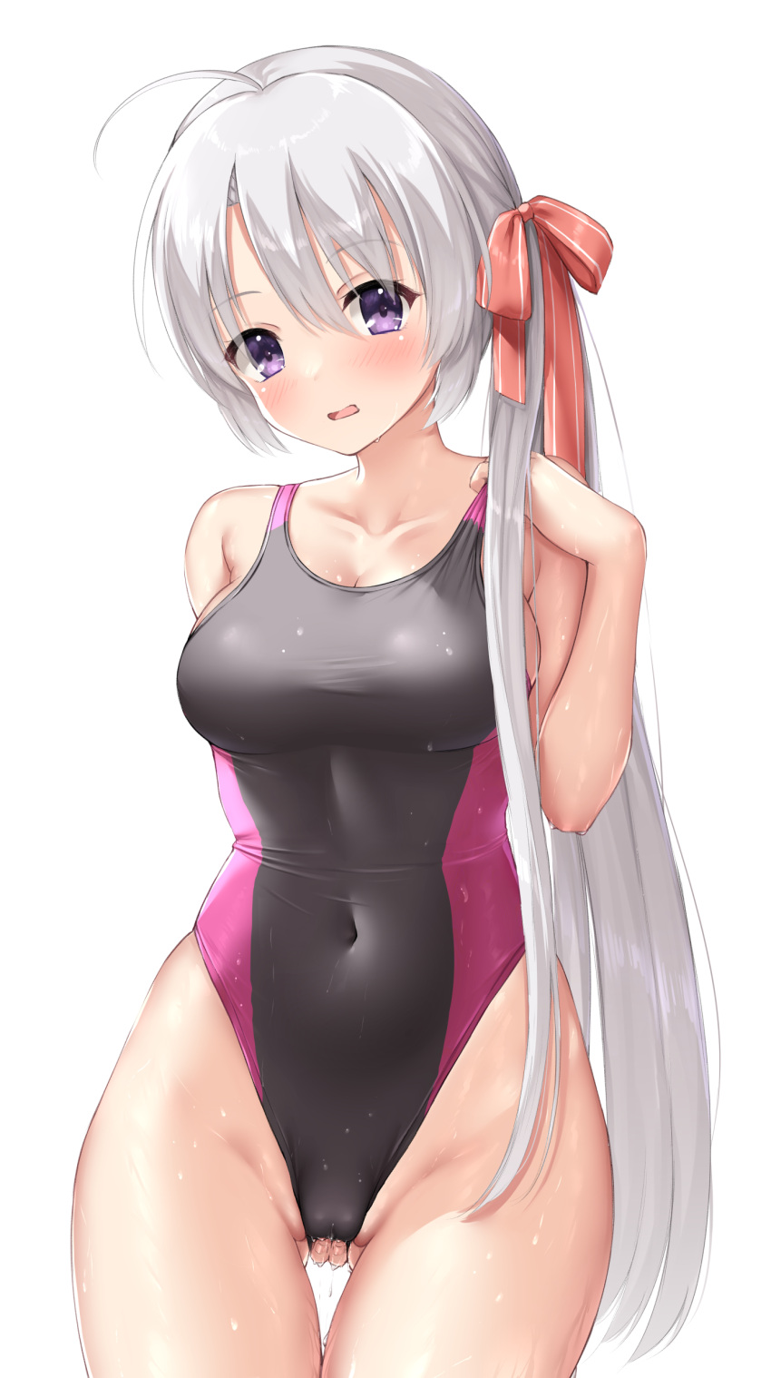 absurdres adjusting_clothes adjusting_swimsuit ahoge alternate_hairstyle ass_visible_through_thighs ayachi_nene bare_arms bare_shoulders black_one-piece_swimsuit blush breasts cameltoe cleavage collarbone commentary competition_swimsuit covered_navel cowboy_shot curvy double-parted_bangs eyelashes eyes_visible_through_hair female female_masturbation fingering fingering_from_behind fingering_through_clothes fingernails groin hair_between_eyes hair_ribbon hand_up head_tilt highleg highres large_breasts long_hair looking_at_viewer masturbation masturbation_from_behind masturbation_through_clothes md5_mismatch midriff ncontrail_(mgax7527) one-piece_swimsuit open_mouth partially_visible_vulva purple_eyes purple_one-piece_swimsuit pussy_juice red_ribbon ribbon sanoba_witch shy side_ponytail sidelocks simple_background skindentation solo standing straight_hair swimsuit thigh_gap thighs through_clothes two-tone_swimsuit very_long_hair wet white_background white_hair