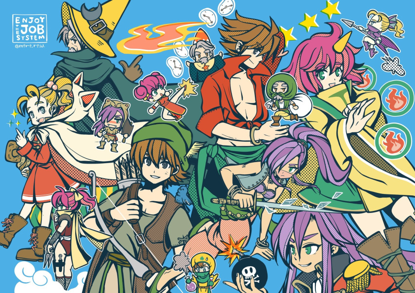 2boys 3girls animal_ears arrow_(projectile) axe bartz_klauser berserker_(final_fantasy) black_mage_(final_fantasy) blonde_hair blue_background bomb brown_hair cannoneer_(final_fantasy) cat_ears chemist_(final_fantasy) dancer_(final_fantasy) dragoon_(final_fantasy) english_commentary explosive faris_scherwiz final_fantasy final_fantasy_5 fire galuf_halm_baldesion grey_hair highres hood hoodie krile_mayer_baldesion_(ff5) kunai lenna_charlotte_tycoon md5_mismatch miri_(mirik) monk_(final_fantasy) multiple_boys multiple_girls mystic_knight ninja_(final_fantasy) pink_hair pointy_hat ponytail purple_hair ranger_(final_fantasy) star_(symbol) summoner_(final_fantasy) summoning sword thief_(final_fantasy) time_mage weapon white_hoodie white_mage_(final_fantasy)