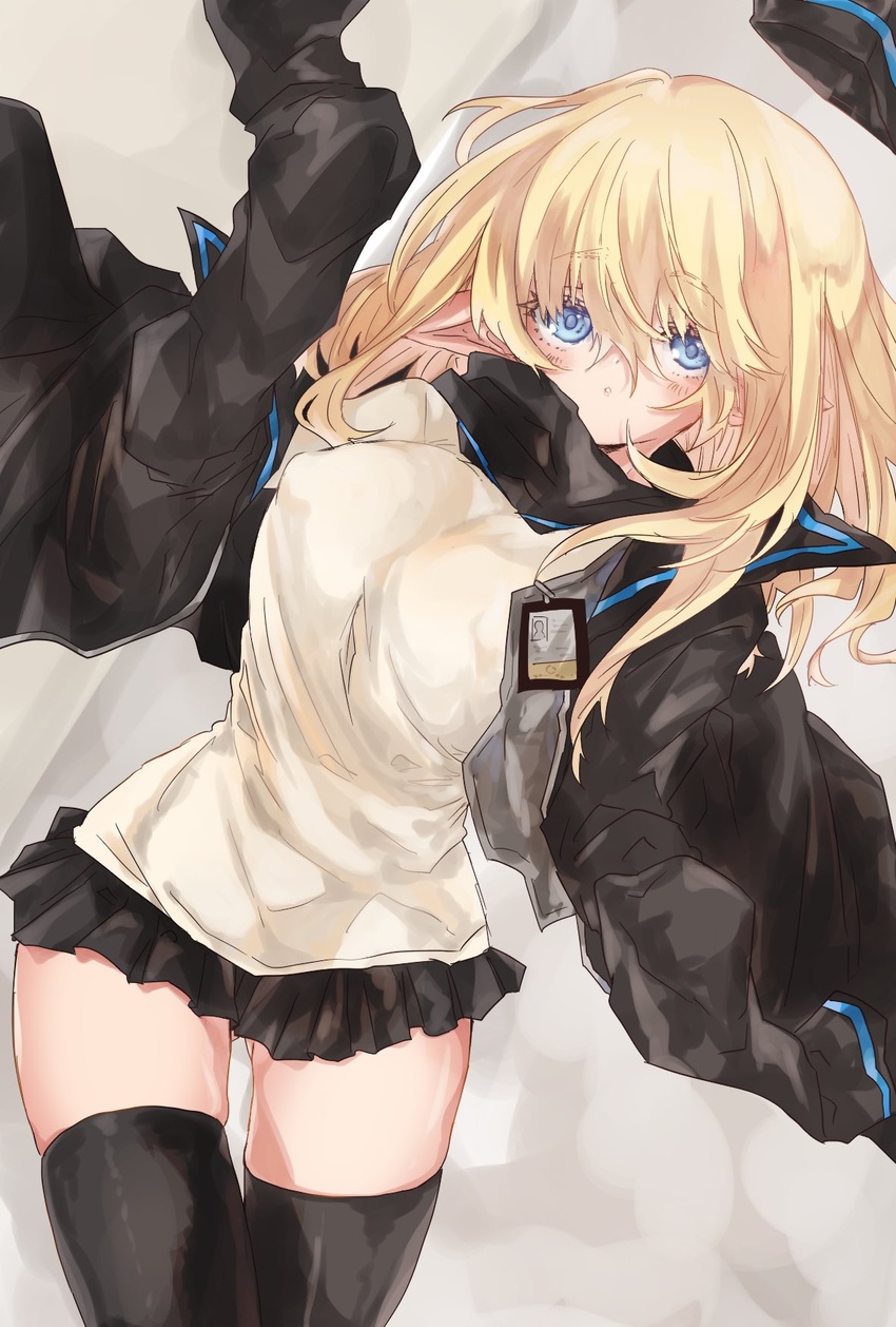 an_fyhx arknights ass_visible_through_thighs black_jacket black_skirt black_thighhighs blonde_hair blush breasts commentary durin_(arknights) eyelashes female from_above hair_between_eyes highres jacket large_breasts long_hair looking_at_viewer lying miniskirt name_tag on_back open_clothes open_jacket pleated_skirt pointy_ears shirt skindentation skirt solo thighhighs thighs white_shirt