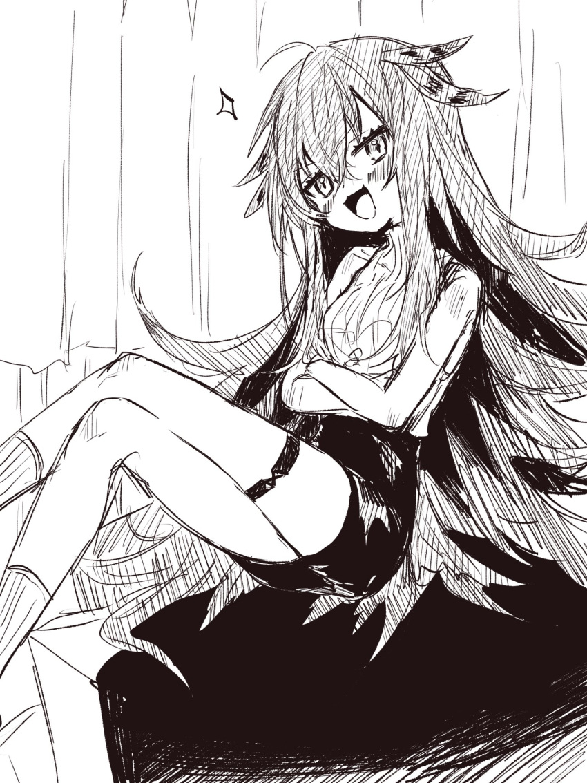 :3 :d ahoge an_fyhx arknights bare_legs blush commentary_request crossed_arms crossed_legs feather_hair_ornament feathers feet_out_of_frame female greyscale hair_between_eyes hair_ornament highres kafka_(arknights) long_hair looking_at_viewer monochrome open_mouth sitting smile socks solo thigh_strap very_long_hair