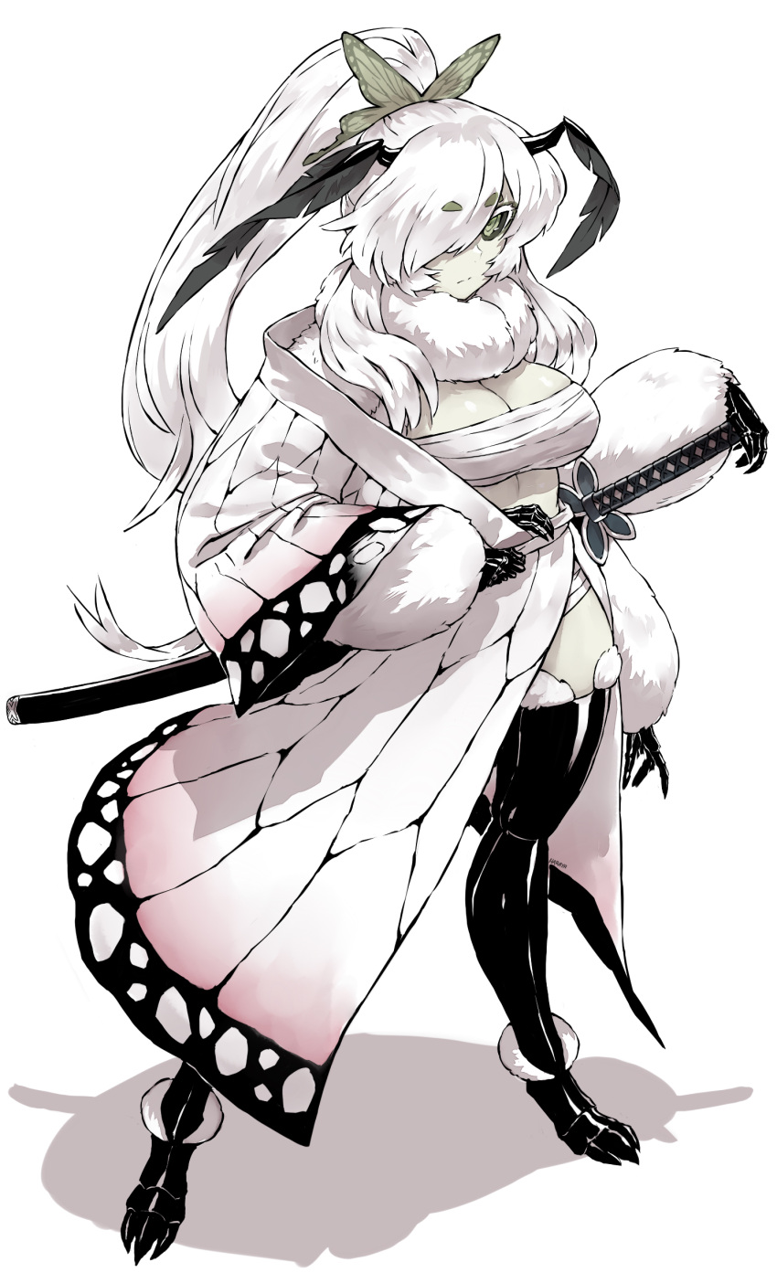 absurdres antennae arthropod_girl black_sclera breasts chitin colored_sclera cosplay extra_arms female full_body hair_between_eyes haraya_manawari highres indie_virtual_youtuber juniper_actias katana kimetsu_no_yaiba kochou_shinobu kochou_shinobu_(cosplay) large_breasts long_hair moth_girl ponytail sarashi shadow sheath sheathed simple_background solo standing sword very_long_hair virtual_youtuber weapon white_background