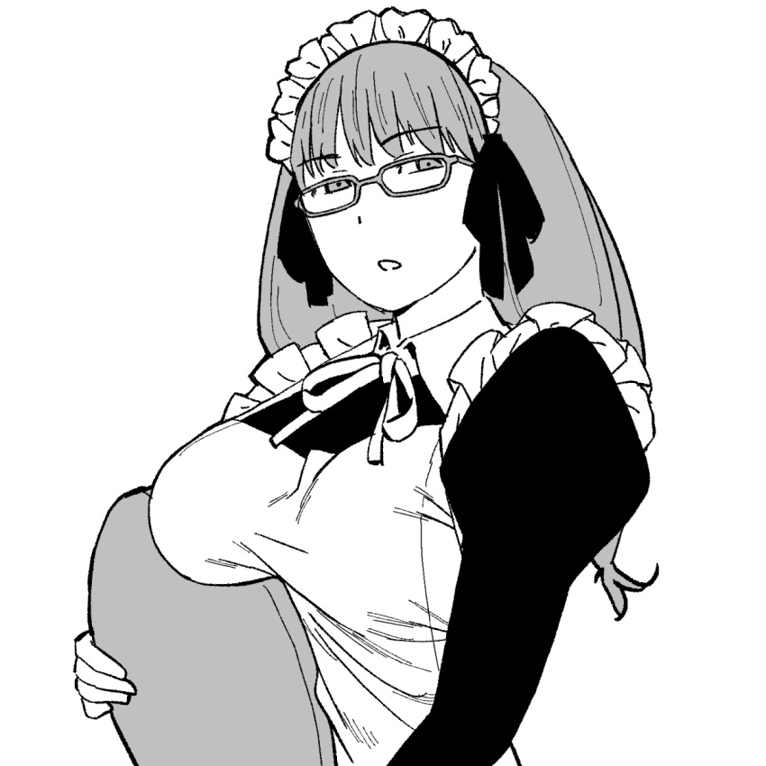 apron breast_rest breasts breasts_on_tray commentary female glasses greyscale hair_ribbon half-closed_eyes highres jitome large_breasts long_hair long_sleeves looking_at_viewer maid maid_apron maid_headdress monochrome neck_ribbon onsen_tamago_(hs_egg) open_mouth ribbon simple_background solo soredemo_machi_wa_mawatteiru standing tatsuno_toshiko tray upper_body white_background