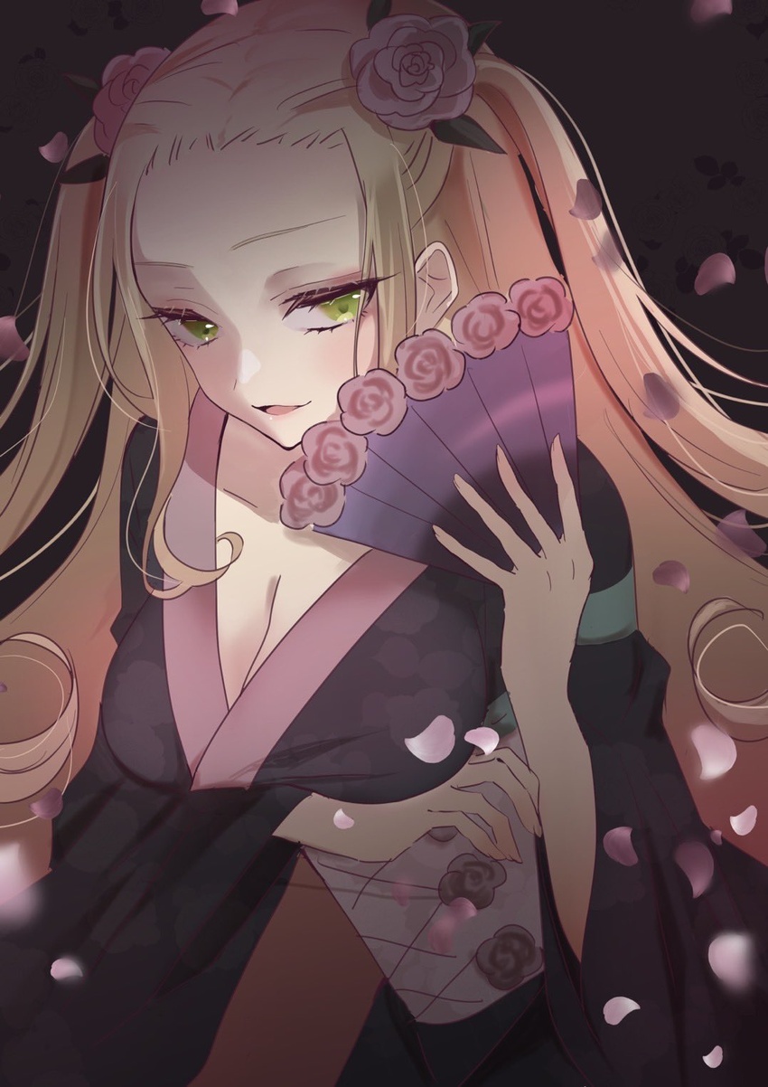 black_kimono blonde_hair breasts cleavage female flower forehead green_eyes hair_behind_ear hair_flower hair_ornament hand_fan highres hiteihime_(katanagatari) holding holding_fan japanese_clothes katanagatari kimono long_hair looking_to_the_side open_mouth petals portrait purple_flower sidelocks smile solo tomoshibi_(rokugatsu) two_side_up