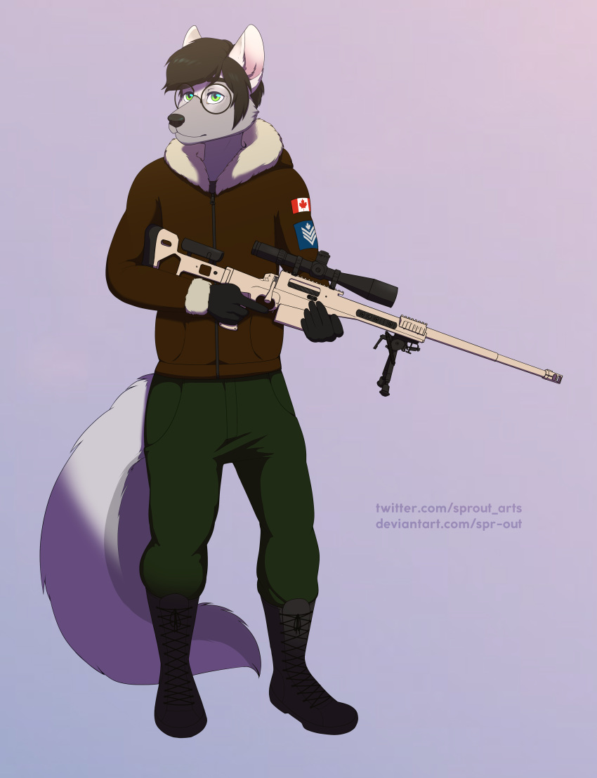 absurd_res anthro bipod bitesize_art black_hair black_nose bolt-action bolt-action_rifle bolt_action bolt_action_rifle boots canada canadian_flag canid canine canis clothing eyewear footwear fox glasses green_eyes gun hair hi_res hybrid inner_ear_fluff jacket looking_away male mammal maple_leaf military ranged_weapon rifle rifle_scope scope sniper sniper_rifle sniper_scope solo text topwear trigger_discipline tuft url weapon wolf