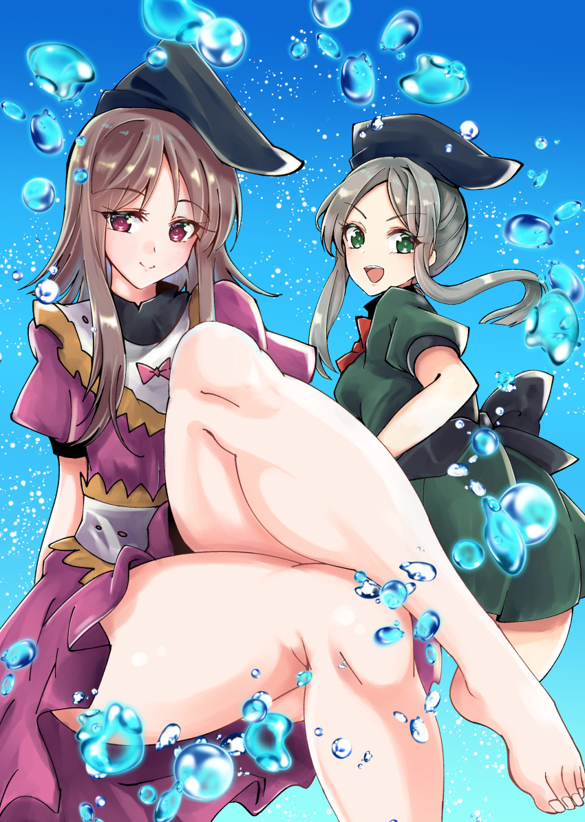 2girls :d absurdres apron arms_at_sides back_bow barefoot blue_background blush bow breasts brown_hair bubble buttons closed_mouth commentary_request dress eyelashes frilled_apron frills green_dress green_eyes green_hair hat highres invisible_chair knees kurokan_(kokkyou_oudan) large_breasts legs long_hair looking_at_viewer multiple_girls nishida_satono photoshop_(medium) pink_dress pink_eyes puffy_short_sleeves puffy_sleeves short_hair_with_long_locks short_sleeves simple_background sitting smile standing tate_eboshi teireida_mai thick_thighs thighs toenails touhou waist_apron water_drop white_apron