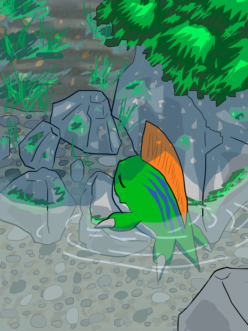 3:4 bandai_namco betamon bone_frill detailed_background digimon digimon_(species) feral frill_(anatomy) green_body hi_res ippiki_the3 moss outside partially_submerged plant rock sleeping solo water