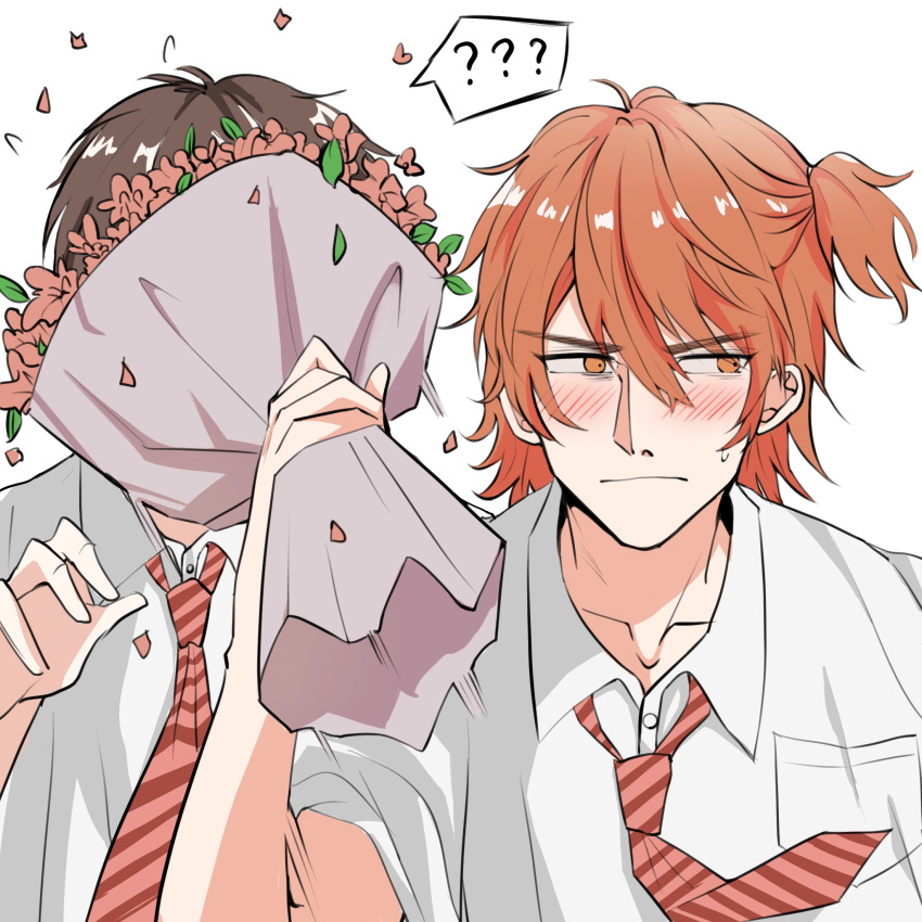 2boys ? blush bouquet brown_hair covered_face flower highres lawliet1095 looking_away male_focus multiple_boys necktie orange_hair school_uniform striped_necktie sweatdrop toono_takashi tsundere yaguchi_kyousuke yaoi yarichin_bitch-bu