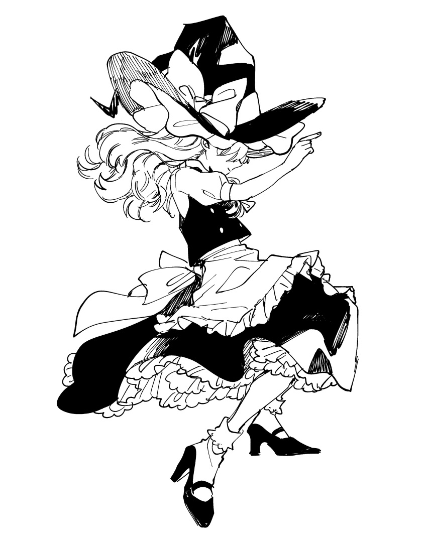 absurdres apron bow commentary_request female from_side full_body greyscale hat hat_bow highres jojo_no_kimyou_na_bouken jojo_pose kirisame_marisa kujo_jotaro long_hair monochrome natsume_(menthol) pointing pose shirt short_sleeves simple_background skirt solo stardust_crusaders touhou vest waist_apron white_background witch_hat