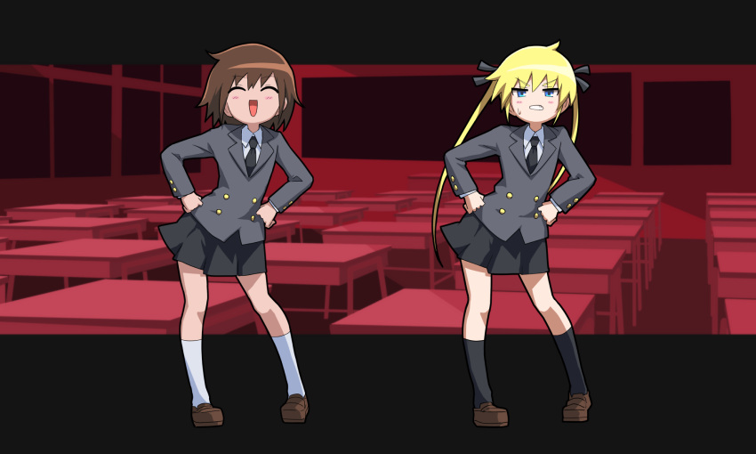 2girls blonde_hair brown_hair classroom dancing desk hair_ribbon helltaker helltaker_dance highres indoors kill_me_baby long_hair multiple_girls necktie oribe_yasuna parody ribbon school school_desk school_uniform short_hair skirt sonya_(kill_me_baby) twintails yachima_tana