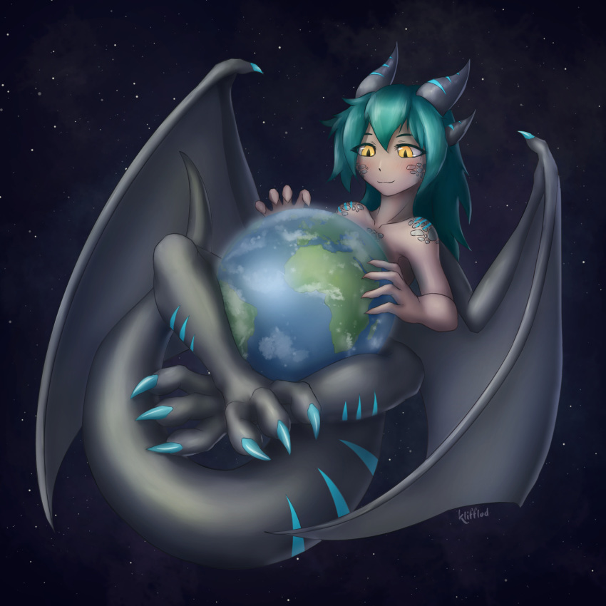 1:1 2020 animal_humanoid barefoot claws cosmic_being digital_media_(artwork) dragon dragon_humanoid earth feet female hair hand_on_planet hi_res holding_planet horn humanoid keledrei_lynn klifflod macro monster_girl_(genre) mythological_creature mythological_scalie mythology nude planet planet_dwarfing scales scalie signature solo space star tail terra_macro toes wings