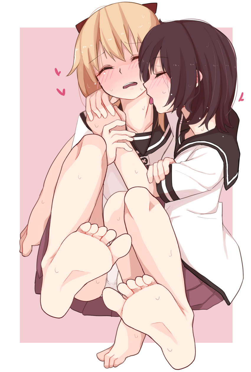 2girls bad_id bad_pixiv_id bare_legs barefoot black_hair blonde_hair blush border bow closed_eyes collarbone commentary feet funami_yui hair_ornament hairbow heart highres hug licking multiple_girls nanamori_school_uniform open_mouth panties pink_background school_uniform short_hair simple_background soles sweat tennosuke_(tejons) toes tongue tongue_out toshinou_kyouko underwear upskirt white_border white_panties yuri yuru_yuri