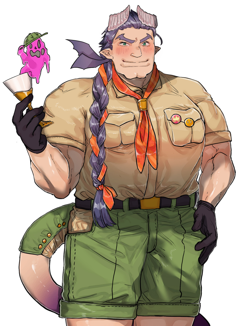 1boy badge bat_wings blush braid breast_pocket brown_shirt cleft_chin closed_mouth cocktail_glass collared_shirt commentary commentary_request cowboy_shot cup demon_boy demon_horns demon_tail drinking_glass green_eyes green_shorts hair_ornament hairpin hand_up hat highres horns liquid long_hair lucifuge_(housamo) male_focus muscular muscular_male neckerchief partial_commentary pocket pointy_ears purple_hair purple_liquid scout_uniform shiratori_yokikana shirt shorts side_braid simple_background smile solo tail thick_eyebrows tokyo_afterschool_summoners white_background wings