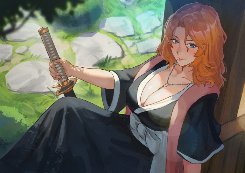 absurdres between_breasts black_kimono bleach blonde_hair blue_eyes breasts cleavage emknov female from_above hair_between_eyes highres holding holding_sword holding_weapon japanese_clothes jewelry kimono knees_up large_breasts leaning_on_object looking_at_viewer matsumoto_rangiku mole mole_under_mouth necklace outdoors pink_shawl sash shawl sheath sheathed sitting smile sword tree weapon white_sash zanpakutou