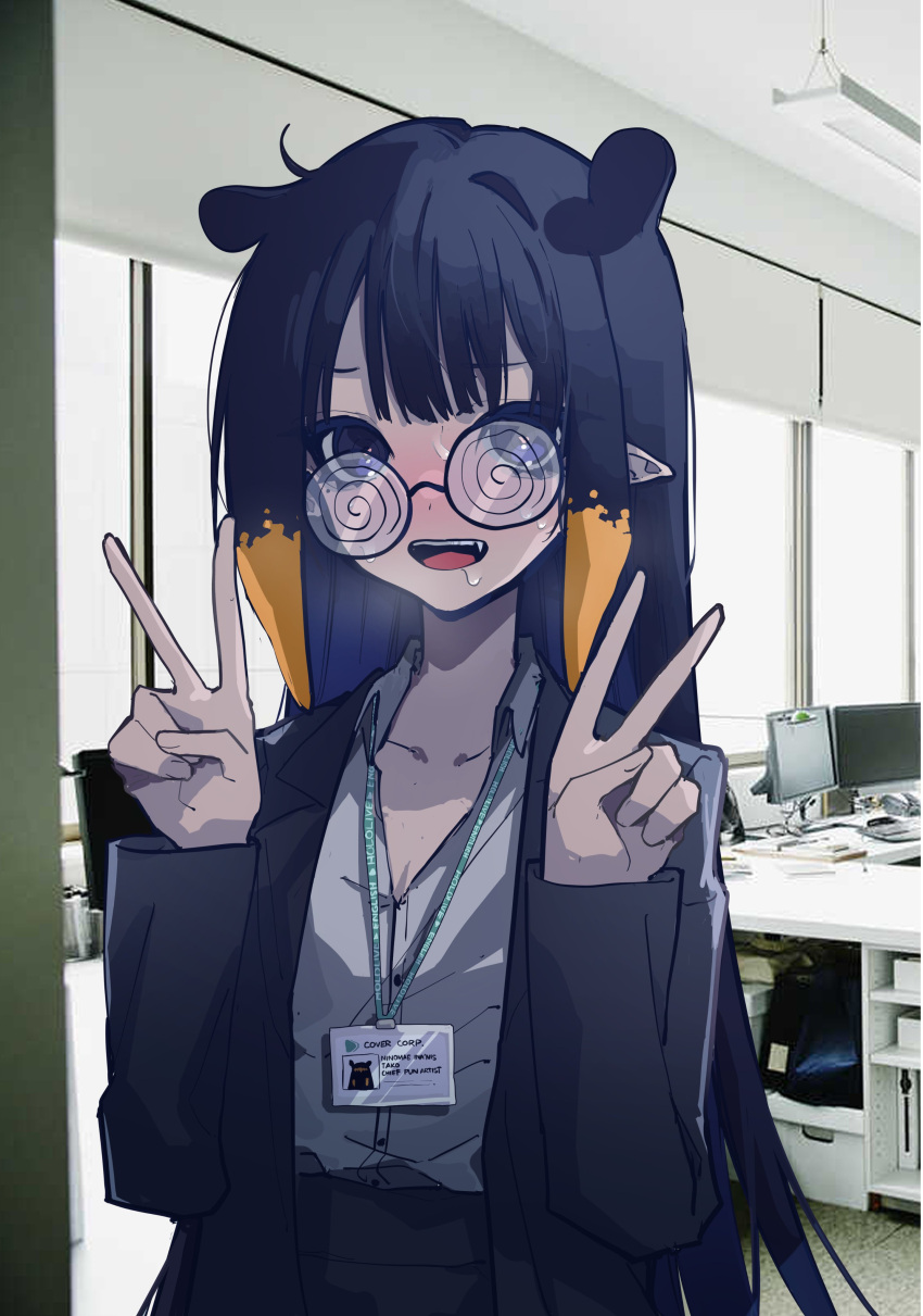 :d absurdres alternate_costume animal_ears blunt_bangs blush double_v female glasses gradient_hair highres hololive hololive_english id_card long_hair looking_at_viewer mentally_deficient mole mole_under_eye monitor multicolored_hair ninomae_ina'nis office office_lady open_mouth pointy_ears purple_eyes purple_hair sidelocks smile solo sweat tentacle_hair v very_long_hair virtual_youtuber