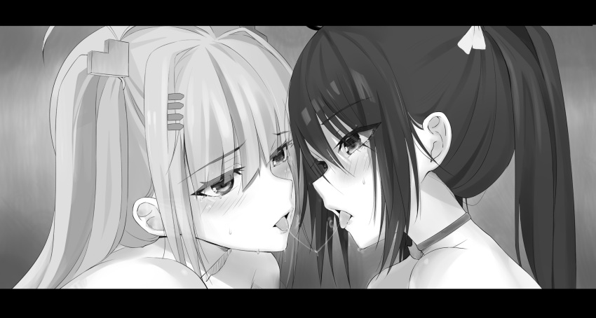 2girls after_kiss ahoge blush commentary_request eye_contact eyes_visible_through_hair from_side greyscale hair_ornament hair_ribbon heart heart_hair_ornament highres letterboxed long_hair looking_at_another looking_at_viewer monochrome multiple_girls open_mouth portrait ribbon saliva saliva_trail shinka_musume shinka_musume_channel tongue twintails virtual_youtuber xila_qian_tang_shi yuri