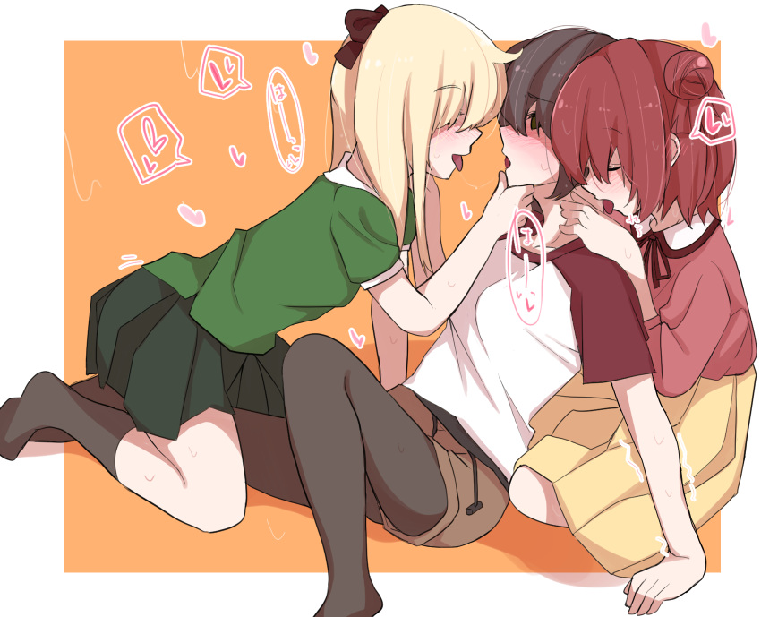 3girls akaza_akari bad_id bad_pixiv_id black_hair black_legwear blonde_hair blush border bow breasts brown_eyes closed_eyes commentary french_kiss funami_yui hair_ornament hairbow highres kissing licking long_hair multiple_girls orange_background pantyhose red_hair saliva saliva_trail short_hair shorts simple_background skirt small_breasts tennosuke_(tejons) tongue tongue_out toshinou_kyouko white_border yuri yuru_yuri