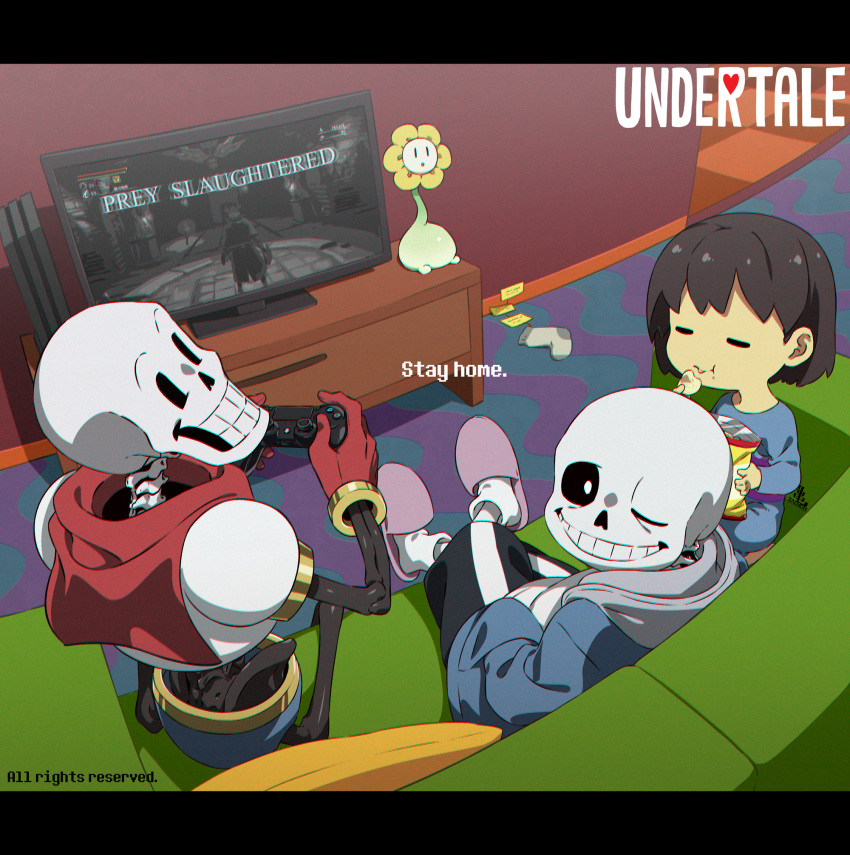 2boys 2others bloodborne cel_shading chips_(food) couch eating flower flowey_(undertale) food frisk_(undertale) game_console highres kamezaemon looking_at_viewer looking_back multiple_boys multiple_others one_eye_closed papyrus_(undertale) playstation_4 playstation_controller potato_chips sans_(undertale) sitting smile television undertale video_game