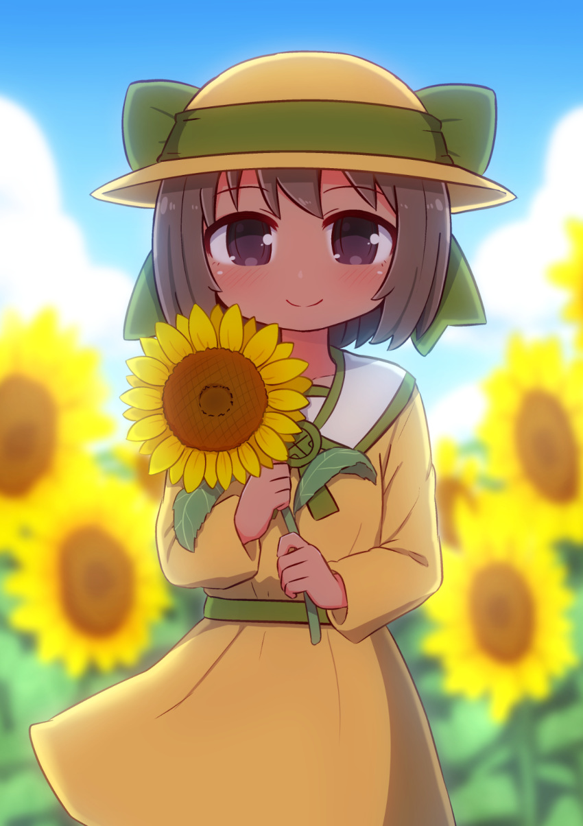 blue_sky blurry blurry_background blush bow brown_dress brown_eyes brown_hair brown_hat closed_mouth cloud commentary_request dark-skinned_female dark_skin day depth_of_field dress female field flower flower_field green_bow hat hat_bow highres holding holding_flower long_sleeves naga_u outdoors razzy short_hair sky smile solo summon_night summon_night:_swordcraft_story sun_hat sunflower sunflower_field yellow_flower