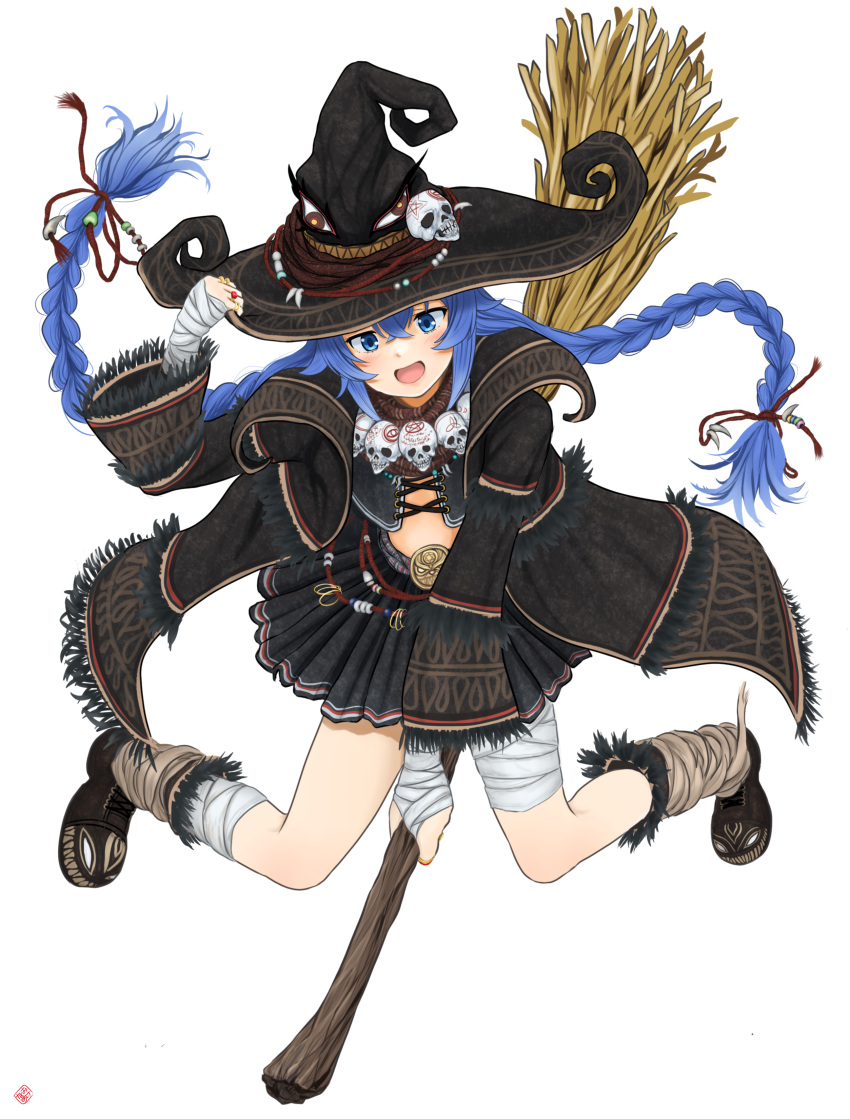 :d absurdres black_hat black_skirt blue_eyes braid broom broom_riding female hat hat_ornament highres jewelry long_hair long_sleeves looking_at_viewer low-braided_long_hair low-tied_long_hair mushoku_tensei nao_suke necklace roxy_migurdia simple_background skirt skull_hat_ornament skull_necklace smile solo twin_braids twintails white_background witch witch_hat