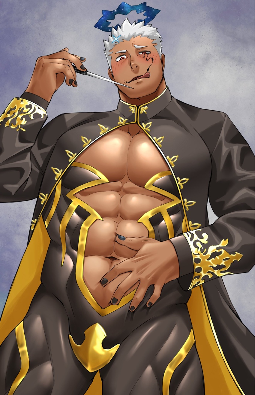 1boy :q abs abs_cutout angel arm_up bad_id bad_twitter_id bara black_bodysuit black_nails blue_halo bodysuit cleavage_cutout clothing_cutout conductor_baton crotch_plate dark-skinned_male dark_skin facial_tattoo grey_background half-closed_eyes halo hand_on_own_stomach highres israfil_(housamo) kansuke_(kansuke_717) large_pectorals looking_at_viewer male_focus muscular muscular_male open_mouth pectorals red_eyes short_hair shrug_(clothing) skin_tight smile solo strongman_waist tattoo tokyo_afterschool_summoners tongue tongue_out upper_body white_hair