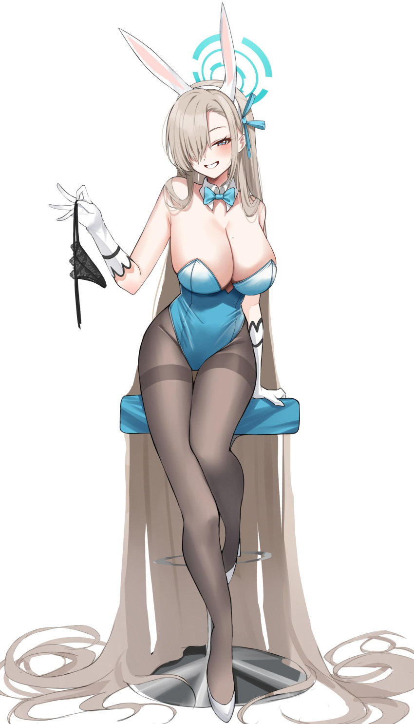 absurdly_long_hair absurdres animal_ears arm_up asuna_(blue_archive) asuna_(bunny)_(blue_archive) asymmetrical_bangs bare_shoulders black_panties black_pantyhose blue_archive blue_bow blue_bowtie blue_eyes blue_leotard blue_ribbon bow bowtie breasts cleavage collar detached_collar fake_animal_ears female full_body gloves grin hair_over_one_eye hair_ribbon halo high_heels highleg highleg_leotard highres holding holding_clothes holding_panties holding_underwear large_breasts leotard light_brown_hair long_hair looking_at_viewer mole mole_on_breast nemun_(tamizzz) official_alternate_costume on_stool one_eye_covered panties pantyhose playboy_bunny rabbit_ears ribbon sideboob simple_background sitting smile solo stool strapless strapless_leotard underwear very_long_hair white_background white_collar white_footwear white_gloves wing_collar