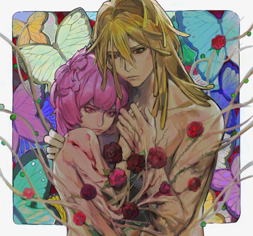 1boy arborification blonde_hair blut2000 butterfly_background convenient_censoring female flower hair_flower hair_ornament highres hug jigokuraku ju_fa long_hair looking_to_the_side nude peach_blossom pink_hair red_eyes rose short_hair tao_fa yellow_eyes