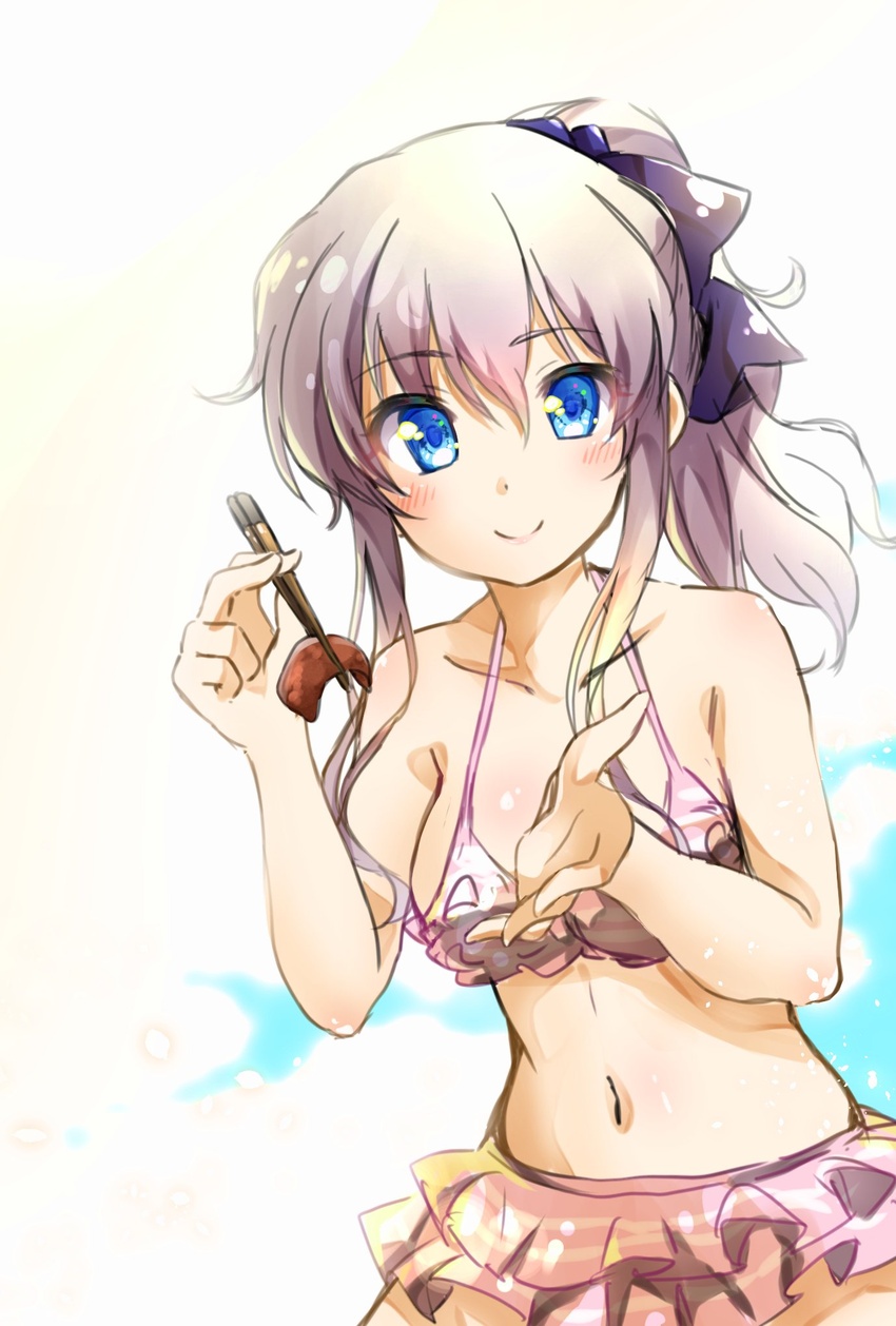 alternate_costume bare_arms bikini blue_eyes blue_ribbon blush breasts ca2la charlotte_(anime) chopsticks closed_mouth collarbone commentary_request commission cowboy_shot curvy eyelashes eyes_visible_through_hair female frilled_bikini frills grey_hair hair_between_eyes hair_ribbon hands_up highres holding holding_chopsticks incoming_food long_hair looking_at_viewer medium_breasts navel pink_bikini ponytail ribbon sidelocks simple_background smile solo standing stomach swimsuit tomori_nao wavy_hair white_background