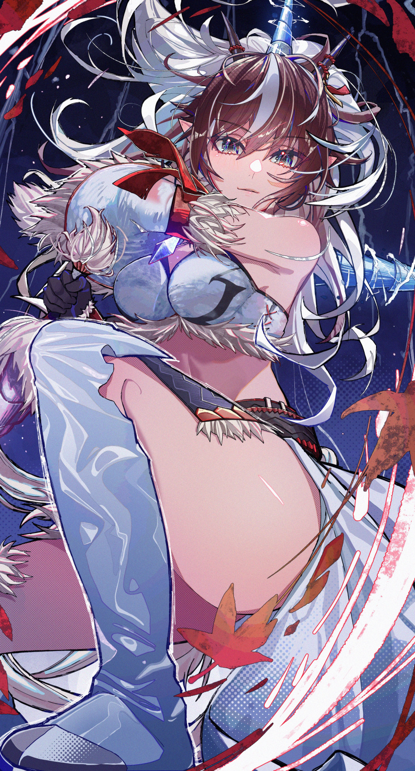 absurdres arknights belt black_belt blue_eyes boots breasts brown_hair closed_mouth commentary_request crop_top detached_sleeves fake_horns female highres horns kirin_(armor) kirin_r_yato_(arknights) large_breasts long_hair looking_at_viewer midriff monge_baby monster_hunter_(series) multicolored_hair short_sword single_sleeve solo sword thigh_boots thighs weapon yato_(arknights)