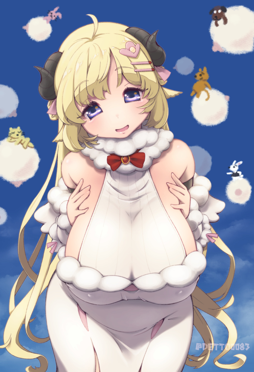 :d adapted_costume animal_ears bare_shoulders blonde_hair breast_suppress breasts brooch commentary_request detached_sleeves deto dress elbow_gloves female gloves hair_ornament hairclip halter_dress halterneck highres hololive horns jewelry large_breasts leaning_forward long_hair looking_at_viewer open_mouth purple_eyes ribbed_sweater sheep_ears sheep_girl sheep_horns sideboob smile solo sweater taut_clothes tsunomaki_watame tsunomaki_watame_(1st_costume) very_long_hair virtual_youtuber wavy_hair white_dress wool