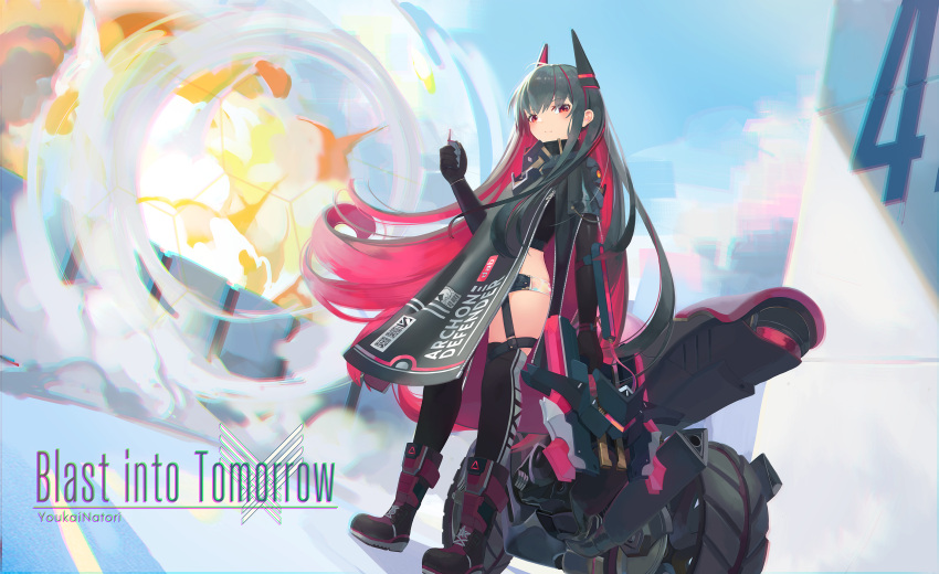 artist_name black_footwear black_gloves black_hair black_shirt black_thighhighs boots closed_mouth commentary crop_top detonator elbow_gloves english_commentary english_text explosion female gloves hand_up headgear hexagon highres holding long_hair mecha_musume motor_vehicle motorcycle multicolored_hair natori_youkai original red_eyes red_hair shirt smile solo thighhighs thighhighs_under_boots two-tone_hair very_long_hair