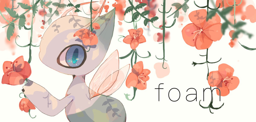 blue_eyes celebi commentary_request english_text fairy_wings flower from_side kamonabe_(kamonabeekon) looking_at_viewer no_humans pokemon pokemon_(creature) red_flower simple_background solo upper_body white_background wings