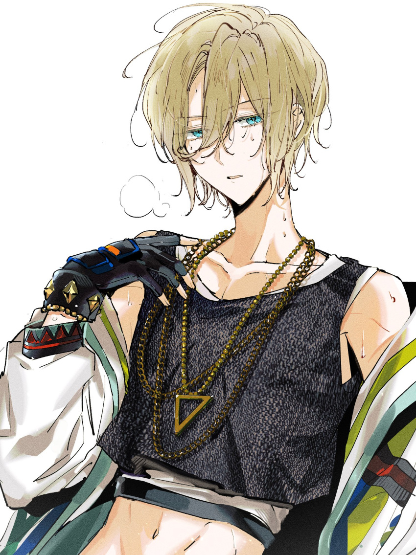 1boy black_gloves black_shirt blonde_hair blue_eyes bracelet chains crop_top eichi_turnr ensemble_stars! fingerless_gloves gloves gold_chain highres jacket jewelry male_focus official_alternate_costume open_mouth shirt short_hair solo sports_survivor_(ensemble_stars!) sweat tenshouin_eichi white_background white_jacket white_shirt