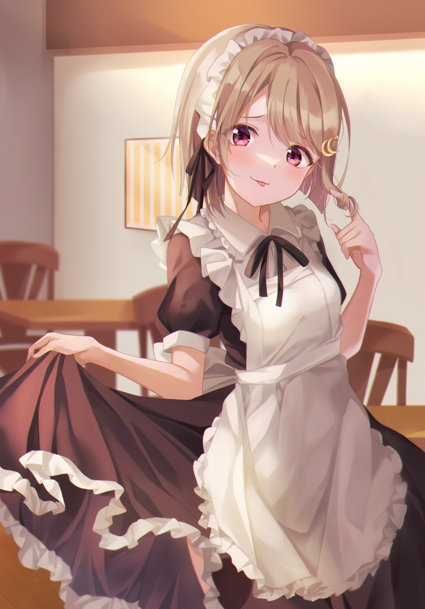 absurdres apron black_dress breasts brown_hair chair clothes_lift cowboy_shot crescent crescent_hair_ornament depe dress dress_lift eyes_visible_through_hair female frilled_dress frills hair_ornament highres indoors looking_at_viewer love_live! love_live!_nijigasaki_high_school_idol_club maid maid_headdress nakasu_kasumi playing_with_own_hair puffy_short_sleeves puffy_sleeves red_eyes short_hair short_sleeves small_breasts solo table tongue tongue_out