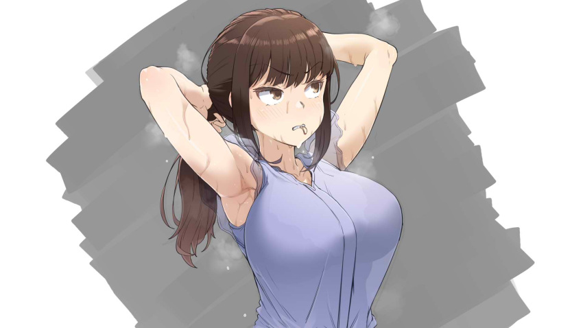 adjusting_hair armpits arms_behind_head breasts brown_eyes brown_hair female highres long_hair original sleeveless solo sweat tented_shirt ushio_(tanatana)